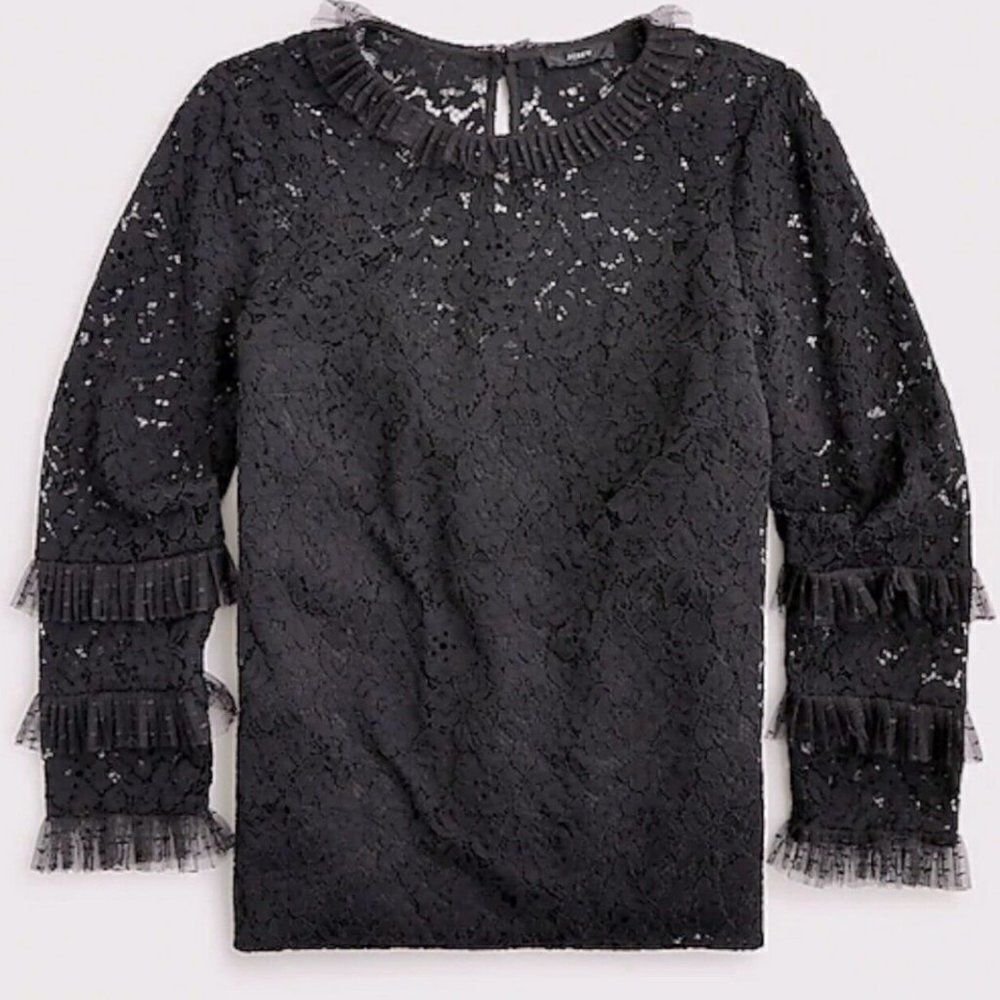 NEW J. Crew Womens Black Lace Tulle Top XXS‎ Semi Sheer Long Sleeve Romantic